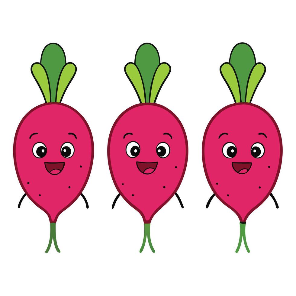 Three radishes with eyes and green leaves vector