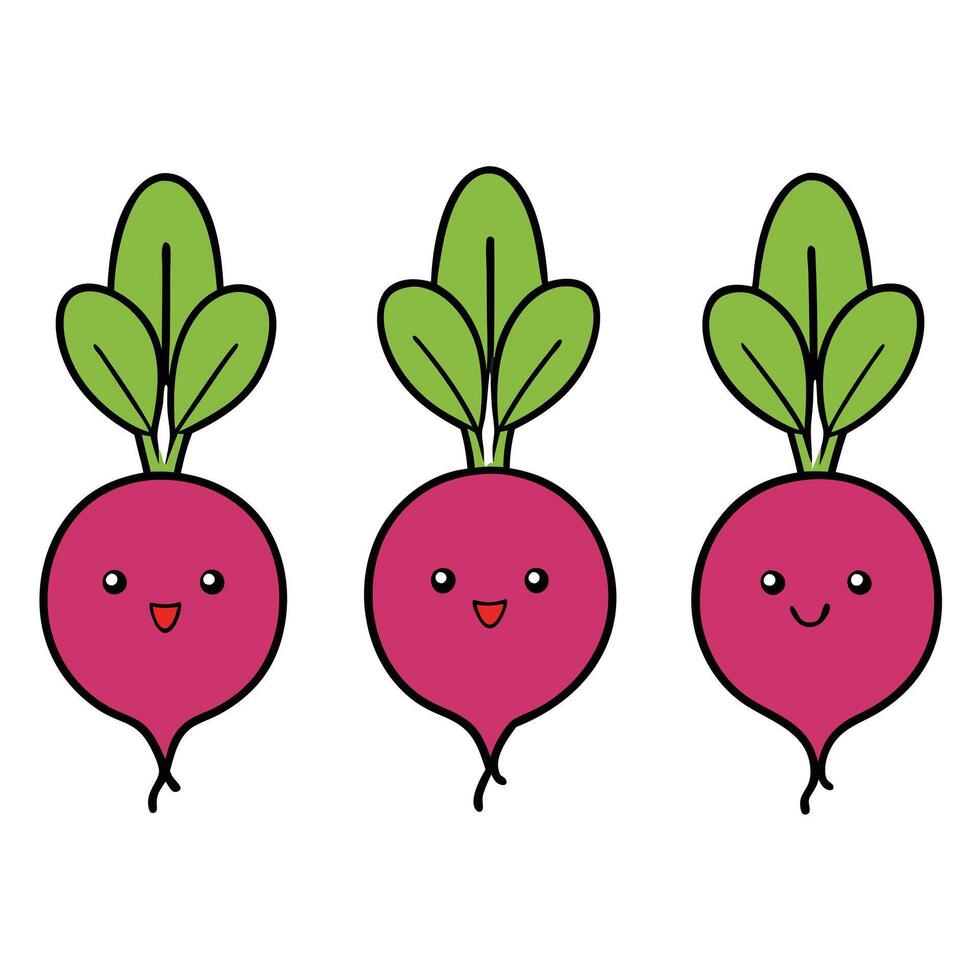 Three radishes with faces and green leaves vector