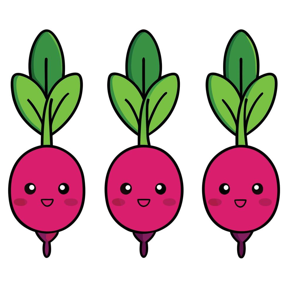 Three radishes with green leaves and faces vector