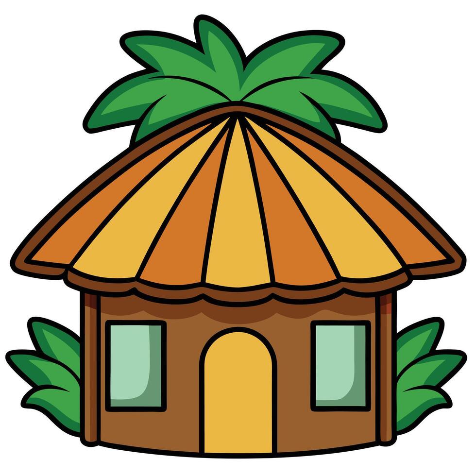 A cartoon house with a roof and palm trees vector