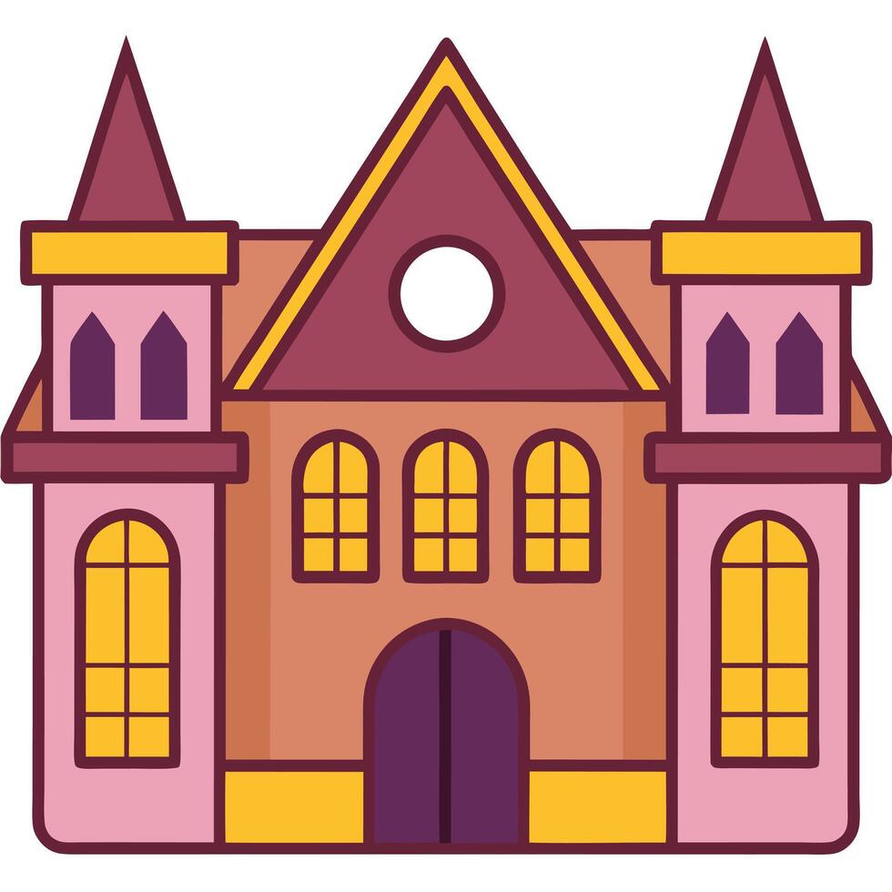 A cartoon building with a yellow roof and windows vector