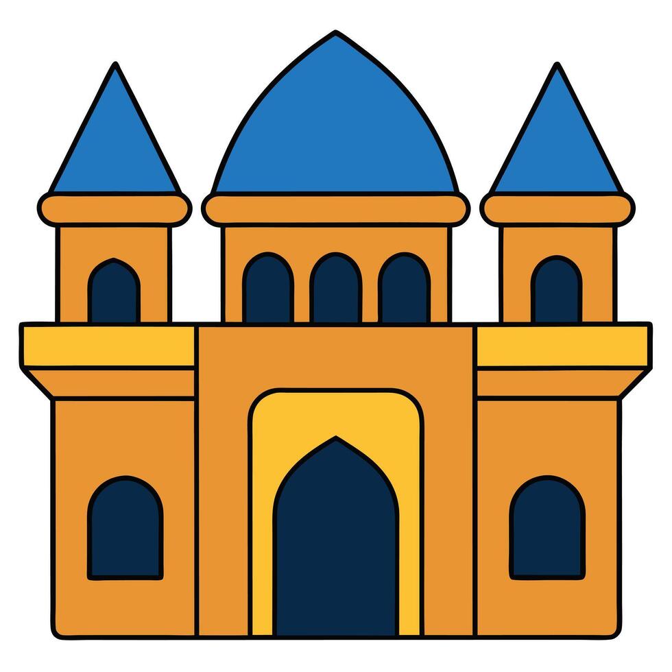 An illustration of a castle with blue and orange turrets vector