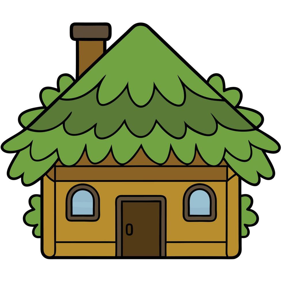 A cartoon house with a roof and green leaves vector