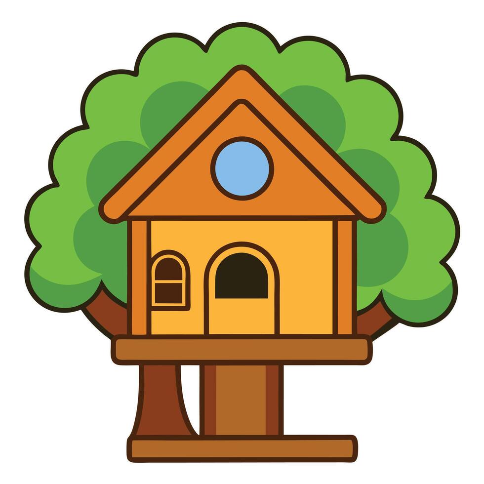 A cartoon house with a tree and a bird on top vector