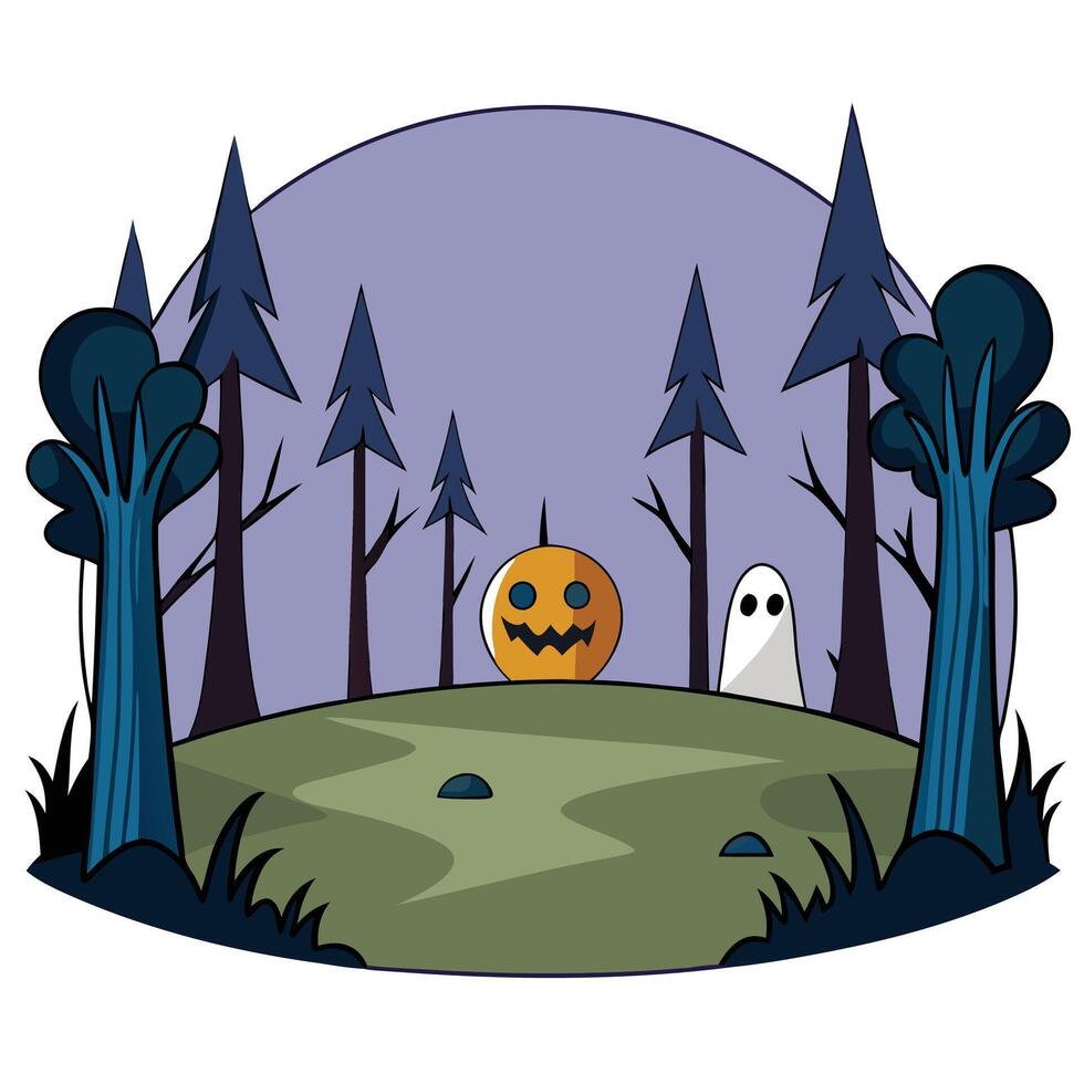 Halloween pumpkin and ghost in the forest vector