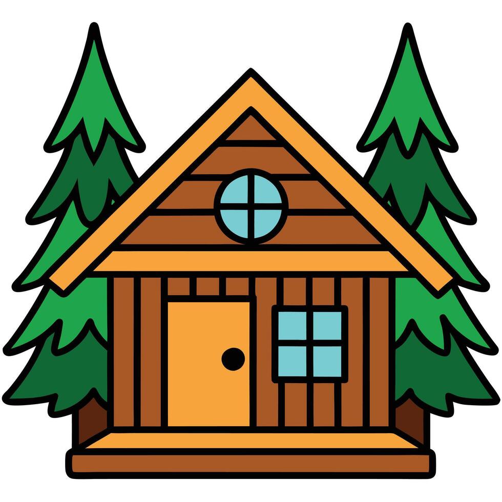 A cabin in the woods with trees and a door vector