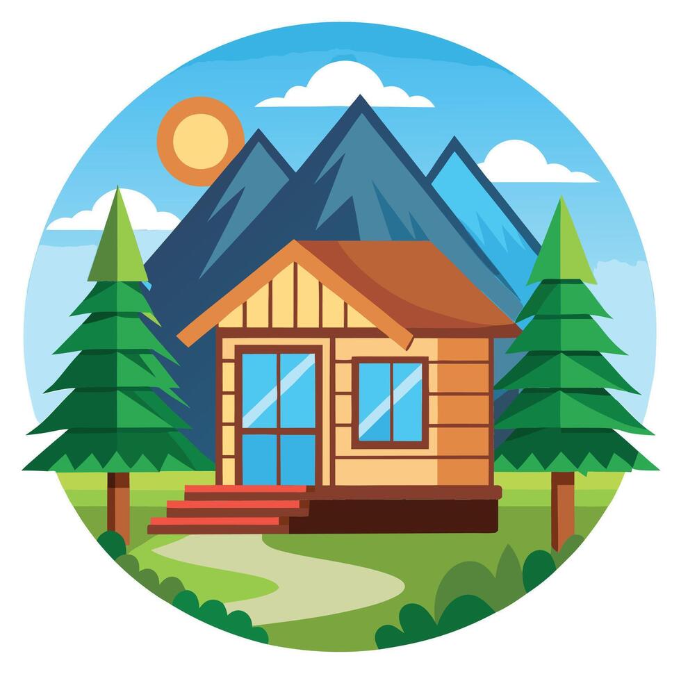 A small cabin in the mountains with trees and mountains vector