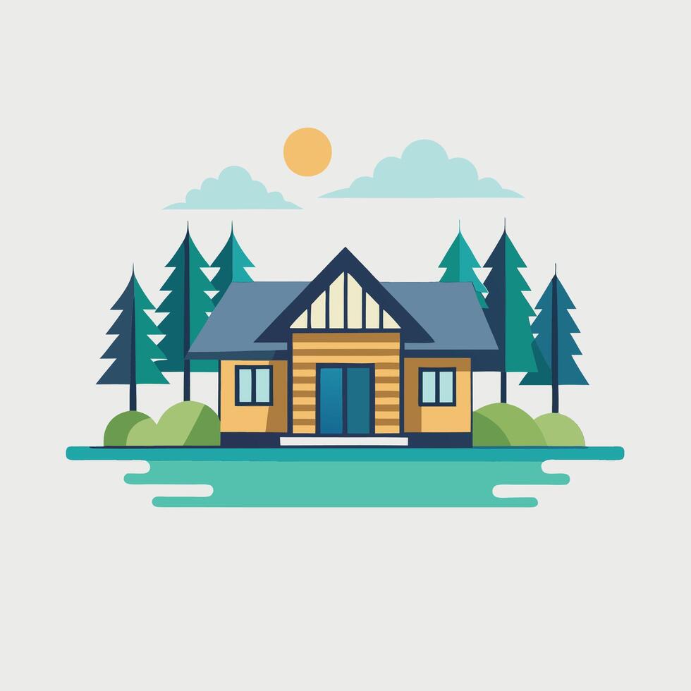 A house with trees and a lake in the background vector