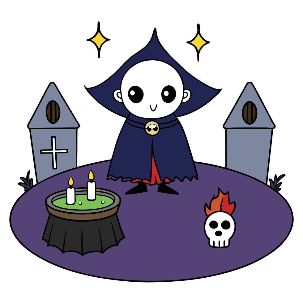 A cartoon character in a halloween costume standing next to a graveyard vector
