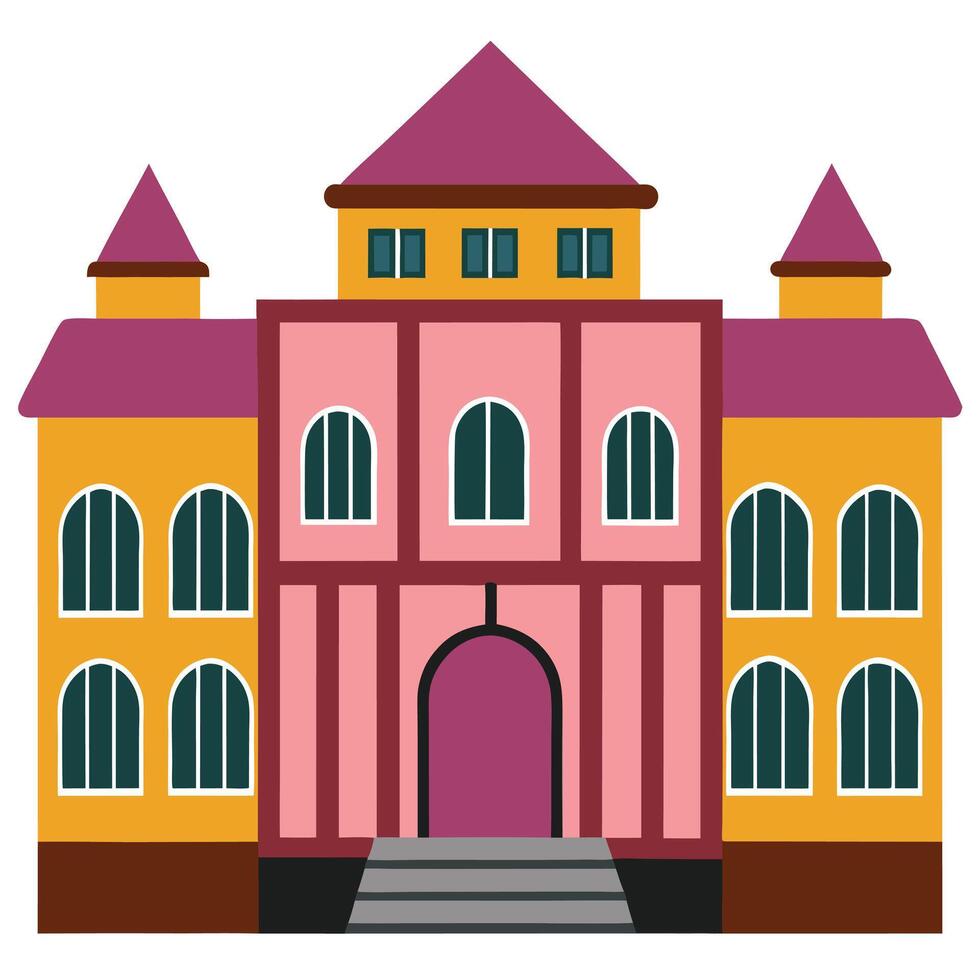 A pink and yellow building with a red roof vector