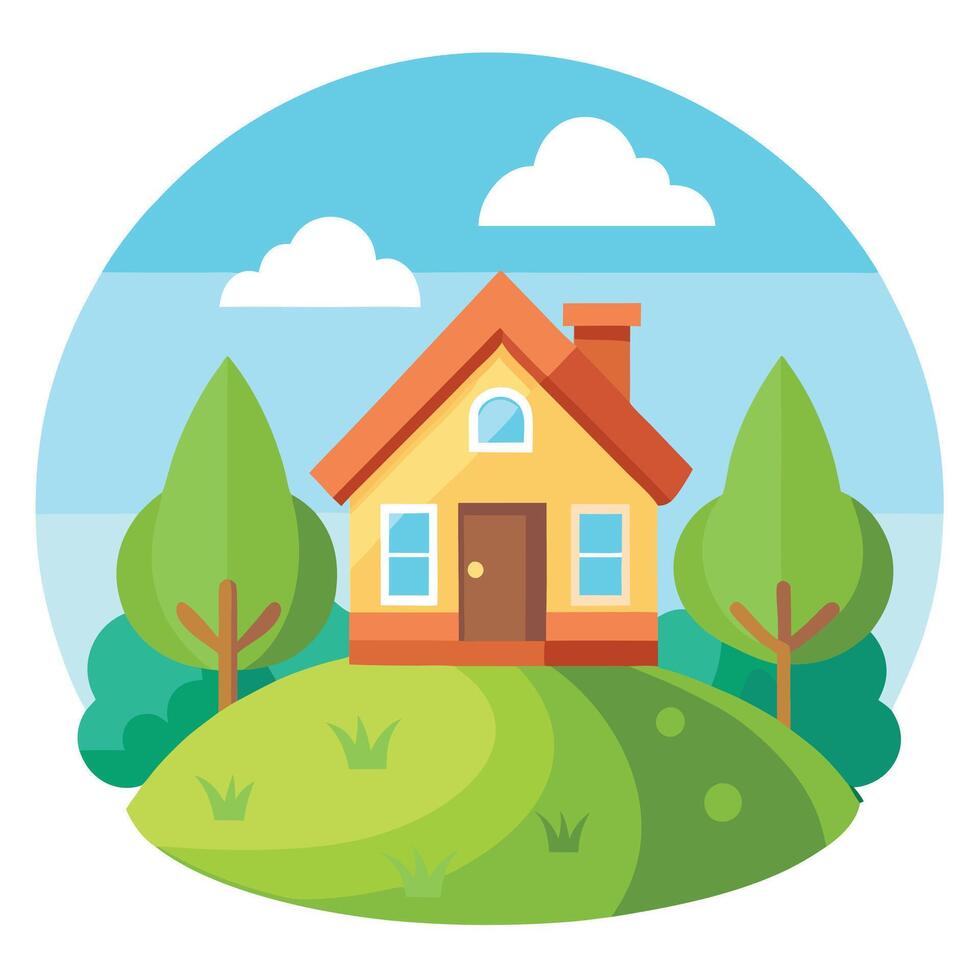House with trees and grass on a hill vector
