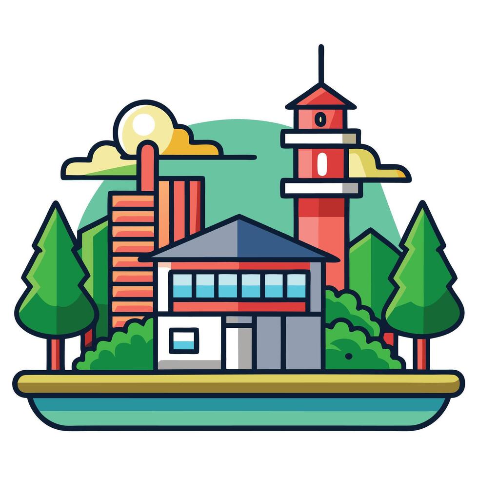 A city with a lighthouse and trees vector
