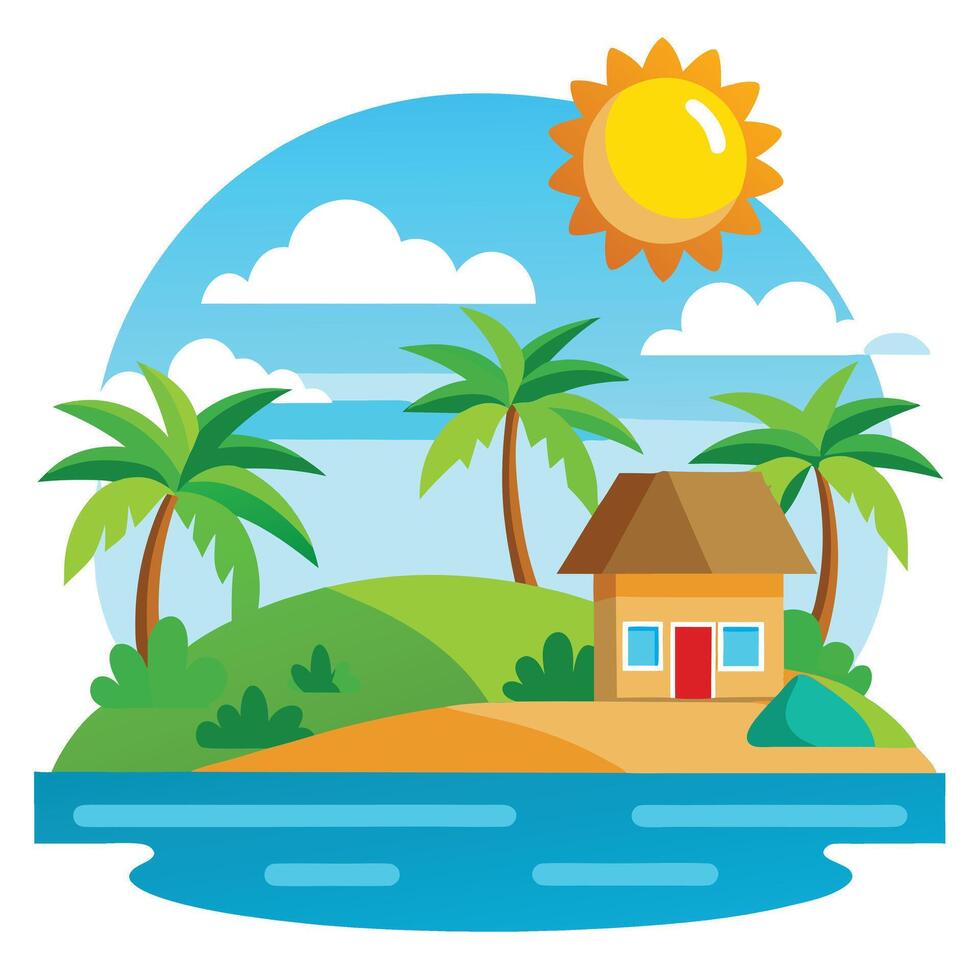 Tropical island with house and palm trees vector