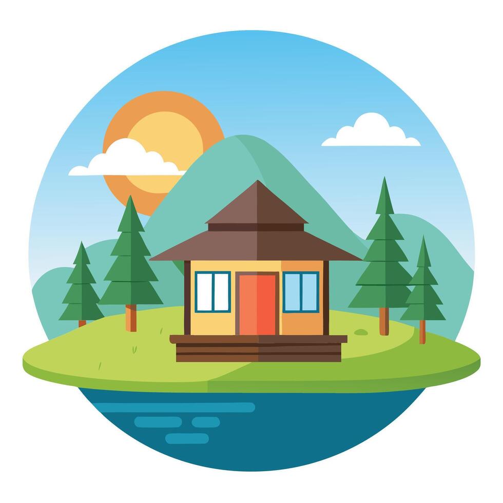 A house on a lake with trees and mountains vector