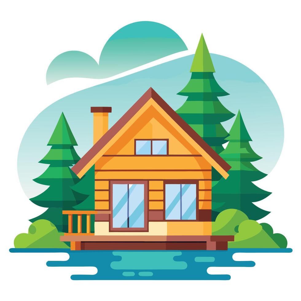 A cartoon house on a lake with trees and clouds vector
