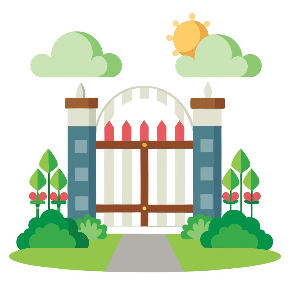 An illustration of a gate with flowers and trees vector