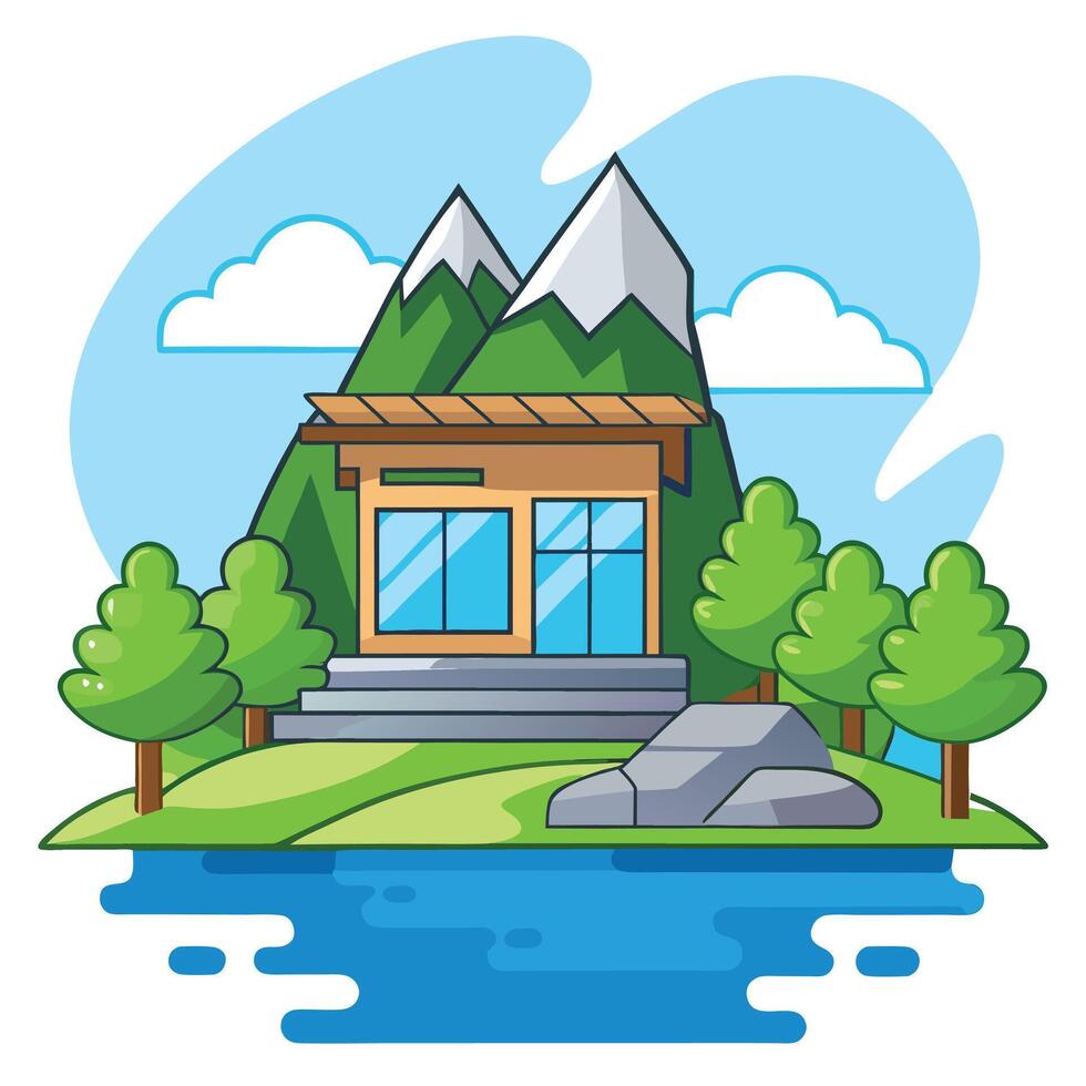 A small cabin on a small island with mountains in the background vector