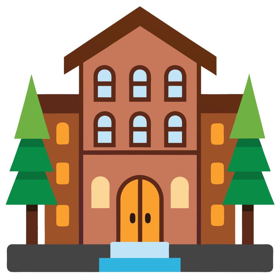 An illustration of a building with trees and a fountain vector