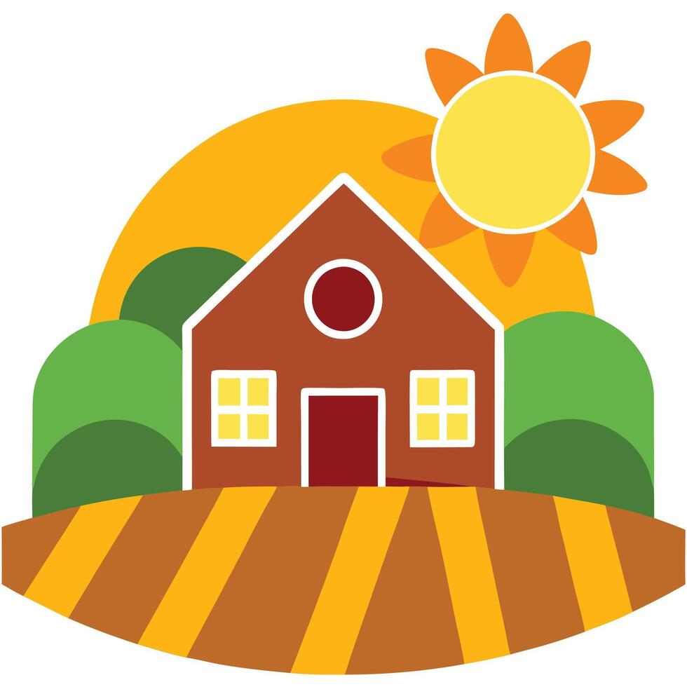 Farm house with sun and trees vector