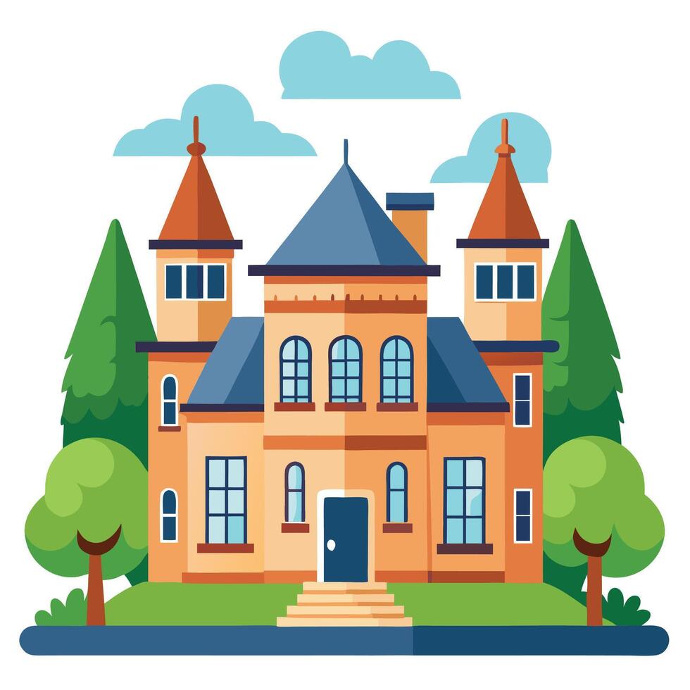 An illustration of a castle with a tower and trees vector