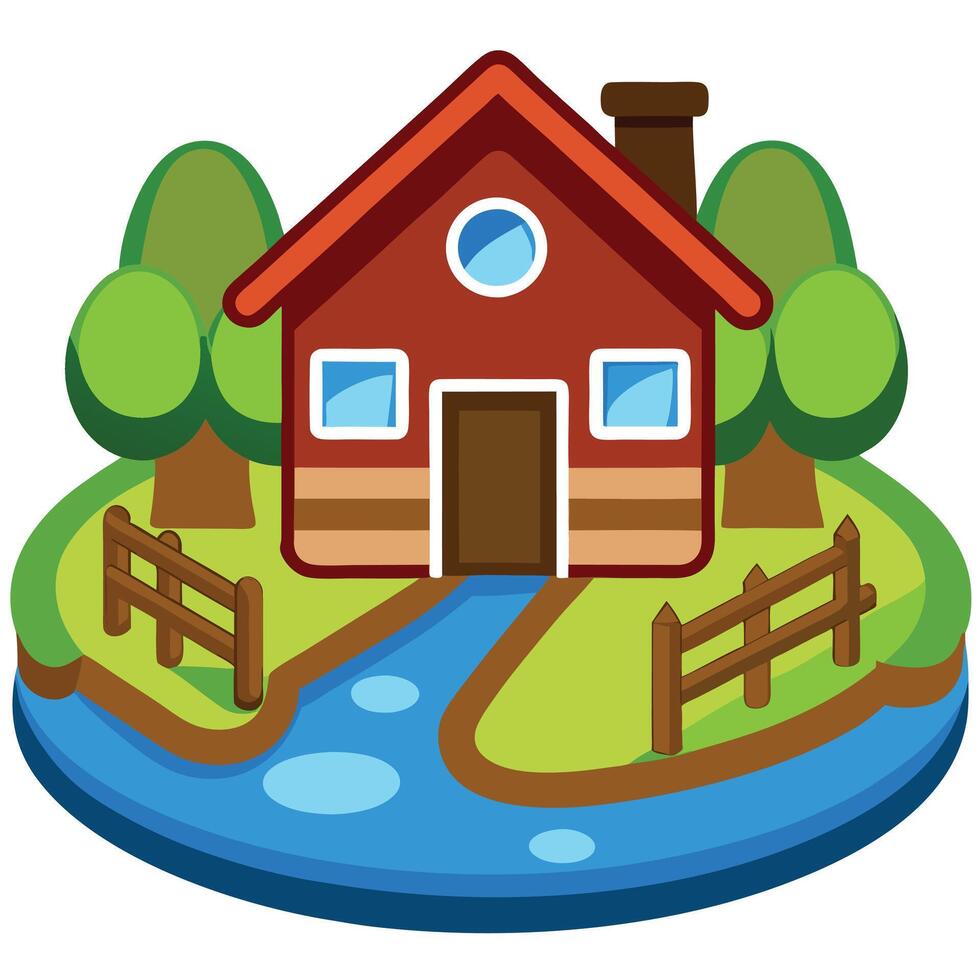 A house with a stream and a fence vector