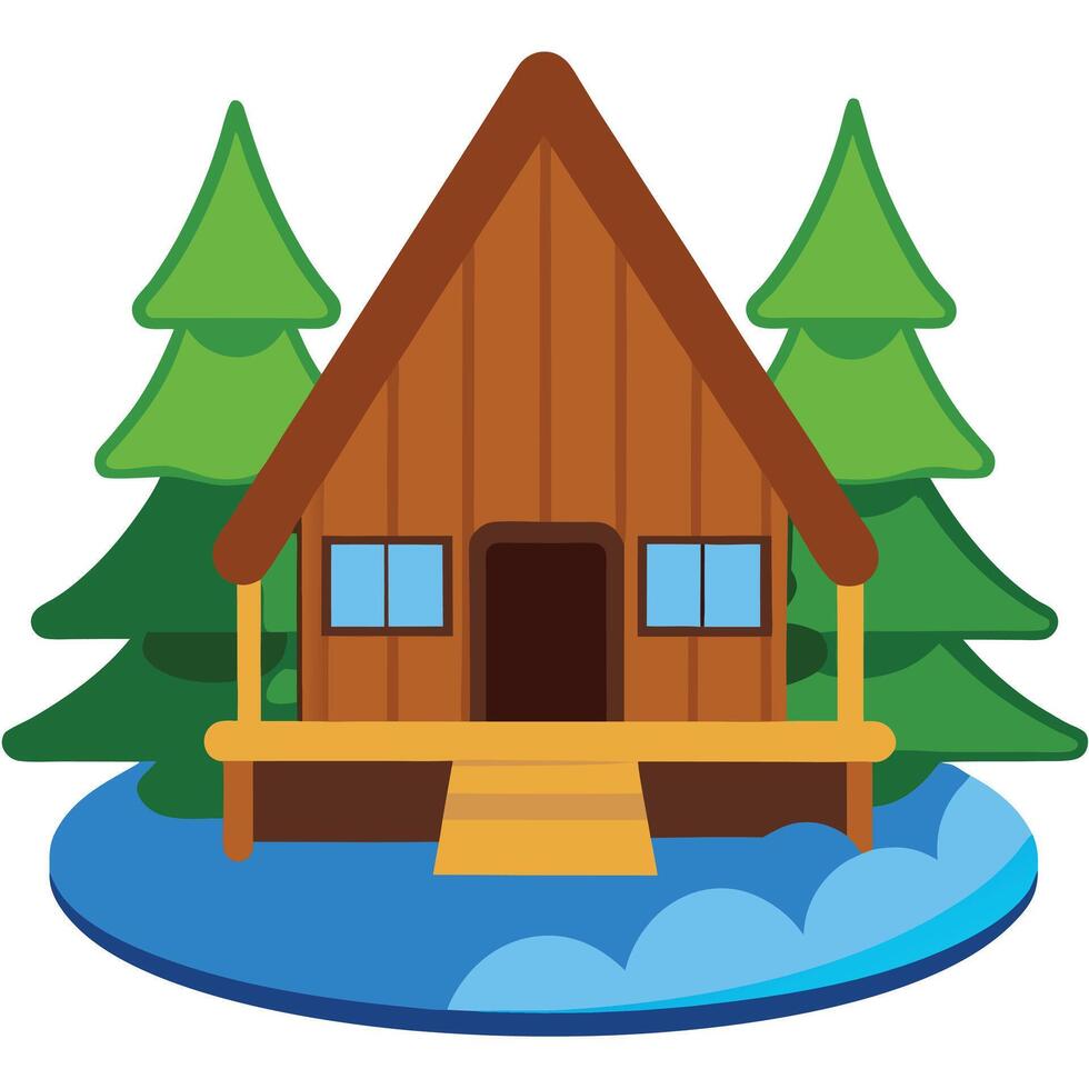 A cabin in the woods with trees and water vector