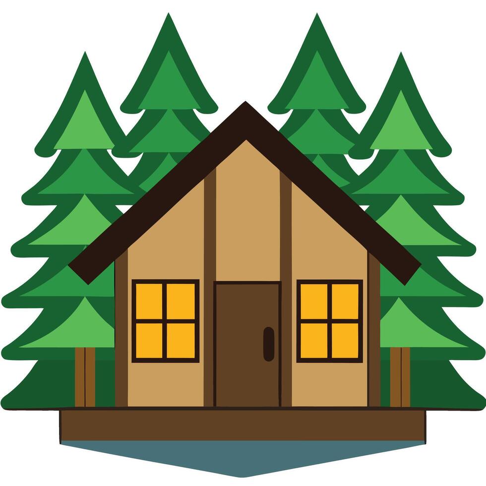 A cabin in the woods with trees and a lake vector