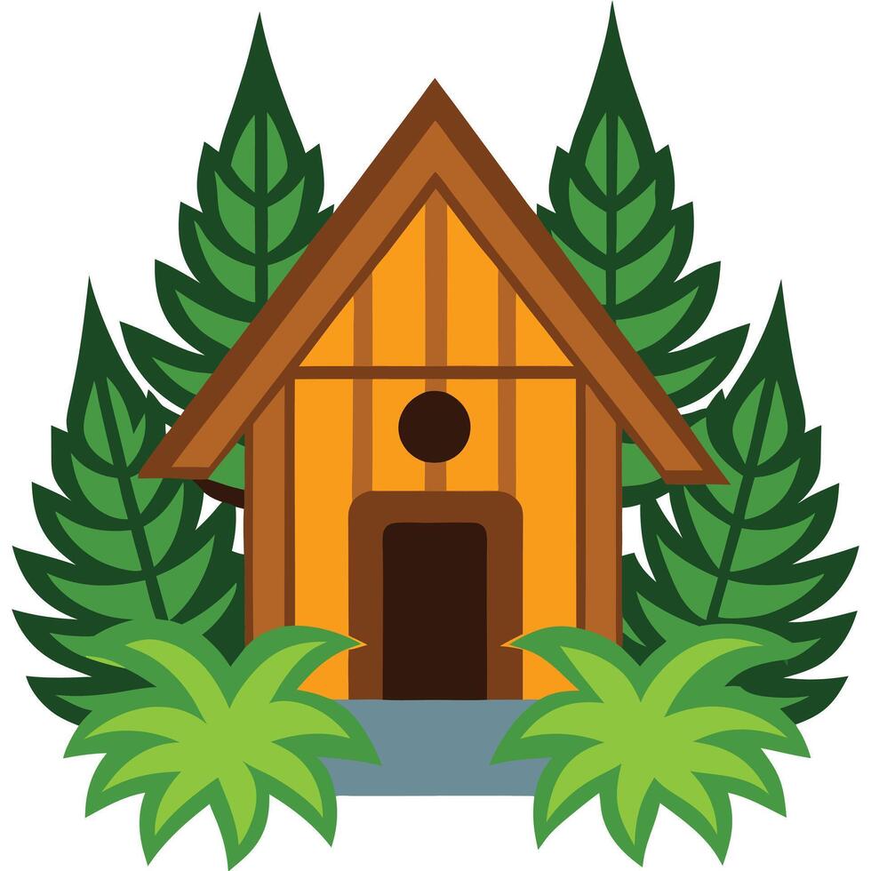 A small wooden house surrounded by trees and plants vector