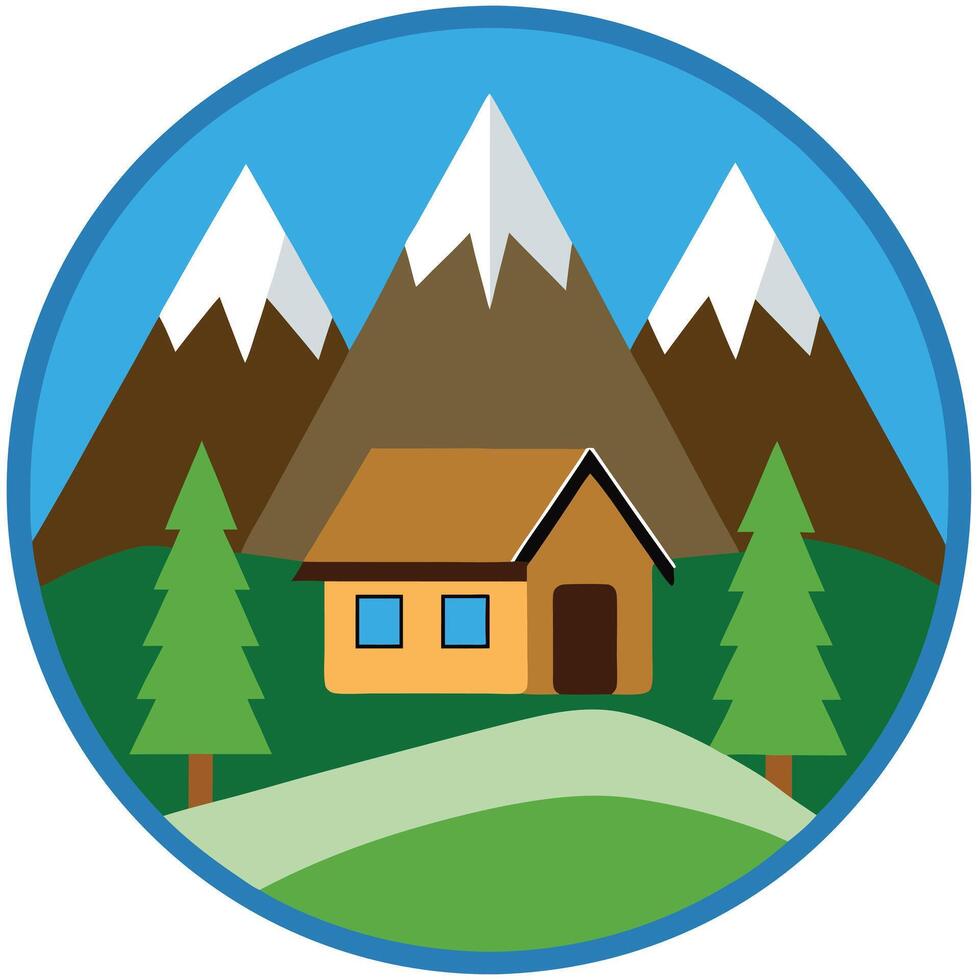 A house in the mountains with trees and mountains vector