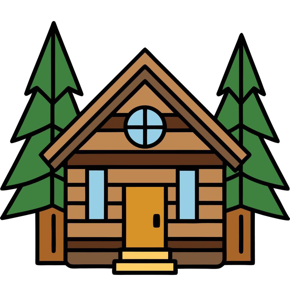 Log cabin with trees and windows illustration vector