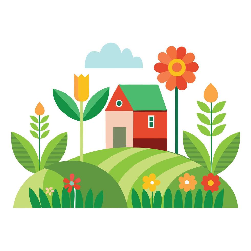 A house and flowers on a hill with a field vector