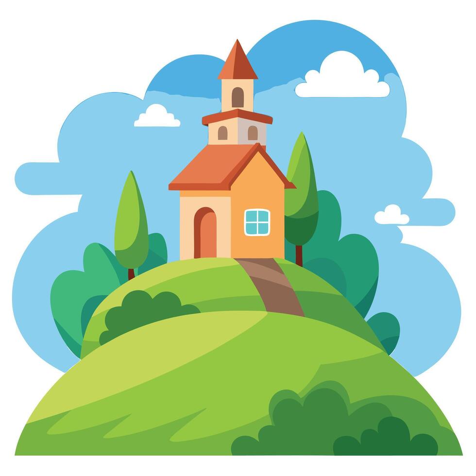 Church on hill with trees and clouds illustration vector