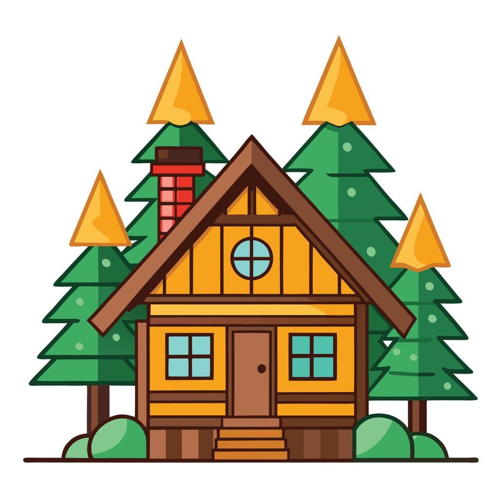 A cartoon house with pine trees and a chimney vector