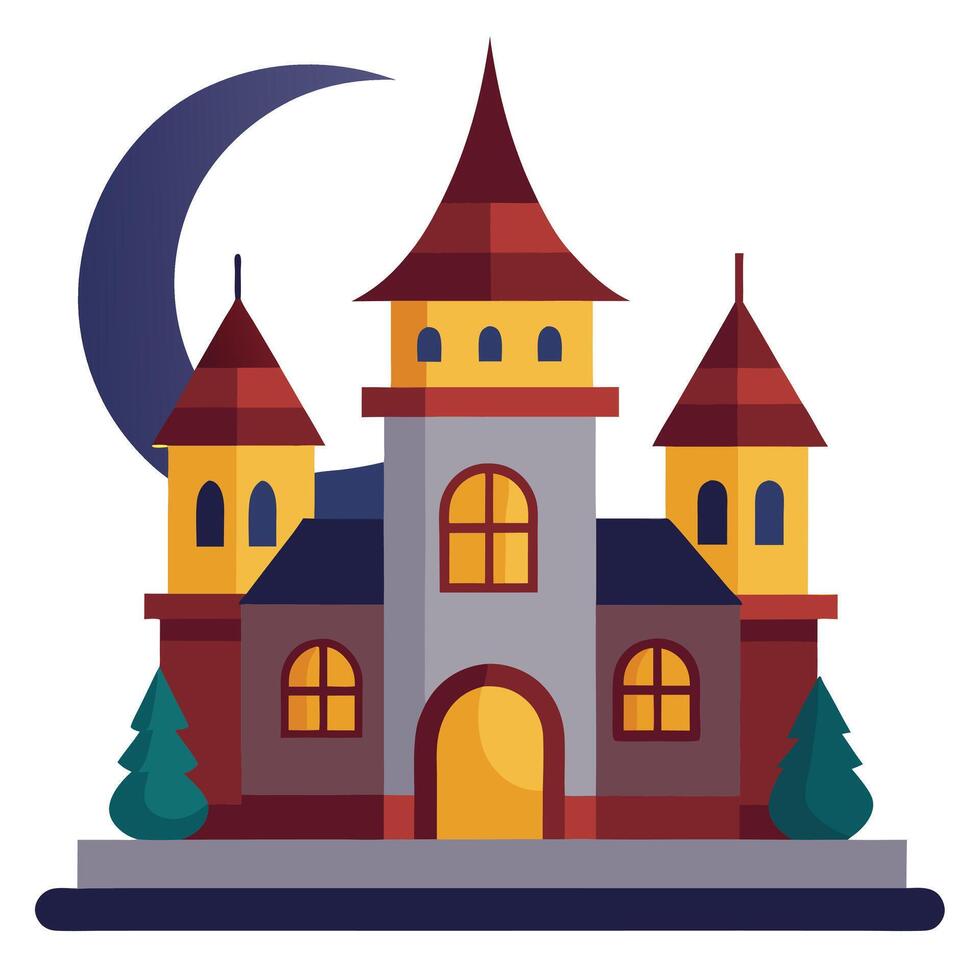 An illustration of a castle with a moon and trees vector