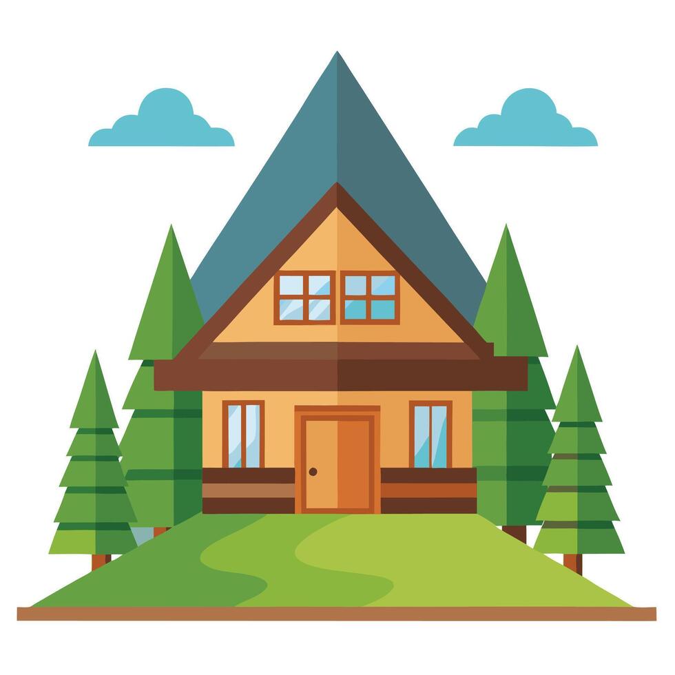 A house with trees and mountains in the background vector