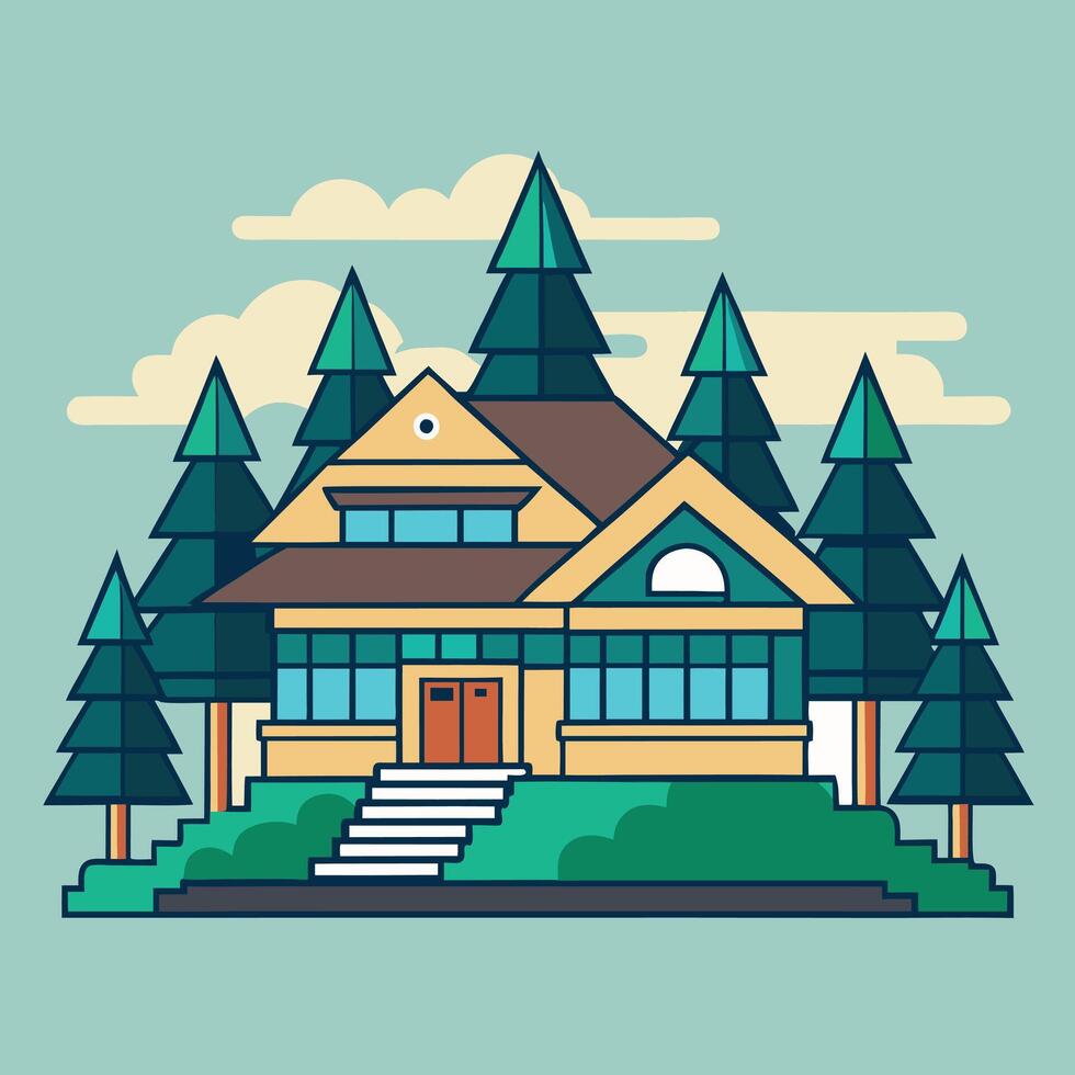 House in the forest with trees and clouds vector