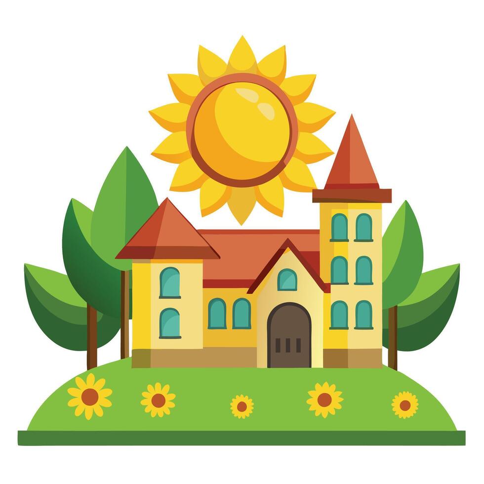 A house with sun and trees on a hill vector