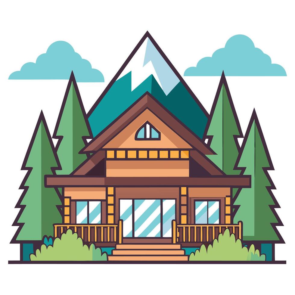 A log cabin with trees and mountains in the background vector