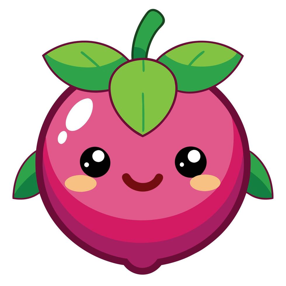 A cartoon pink fruit with green leaves vector