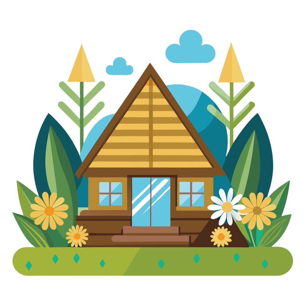 A small wooden house with flowers and grass vector