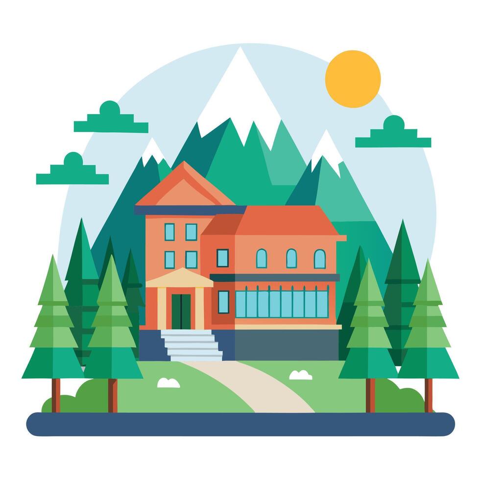 A house with trees and mountains in the background vector