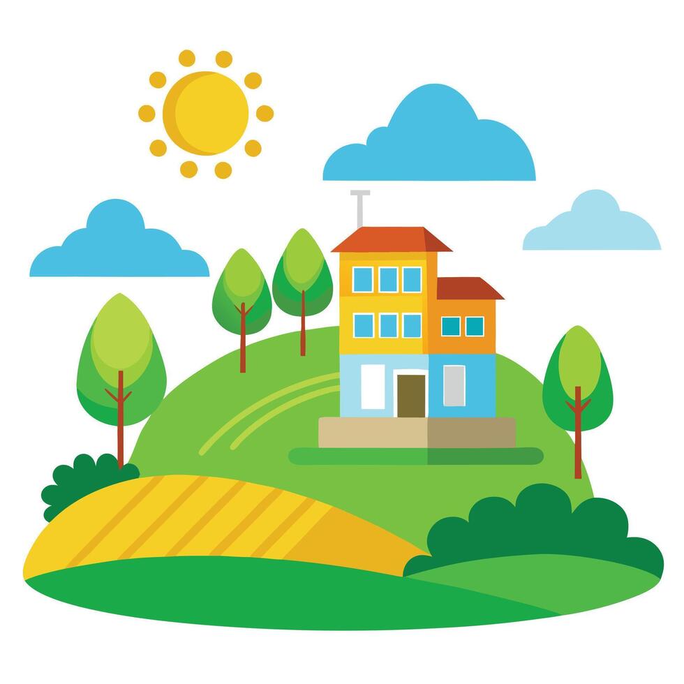 House on hill with trees and sun vector