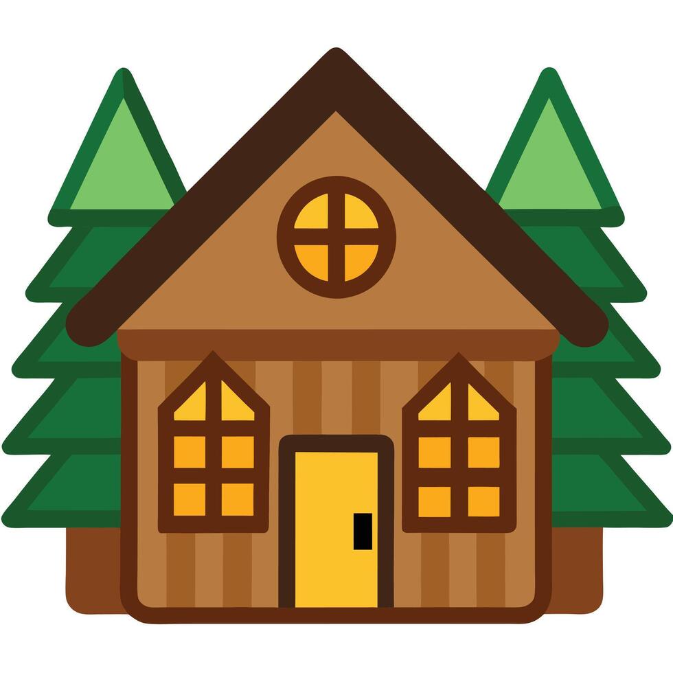 A cabin in the woods with trees and a door vector