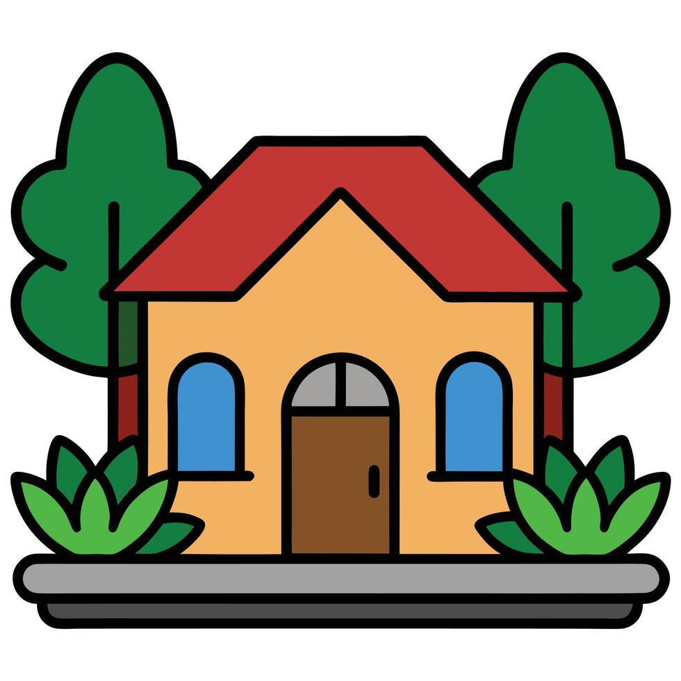 House with trees and bushes on the side of the road vector