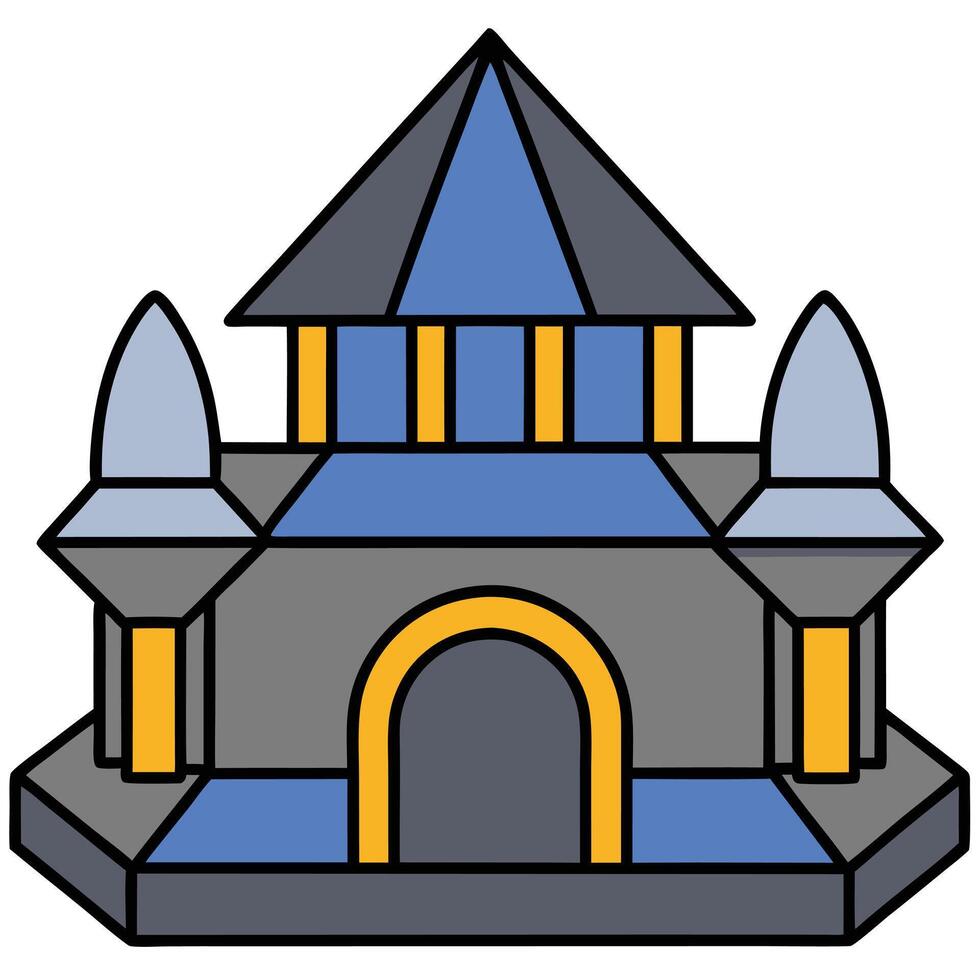 A castle icon with a blue roof and two towers vector