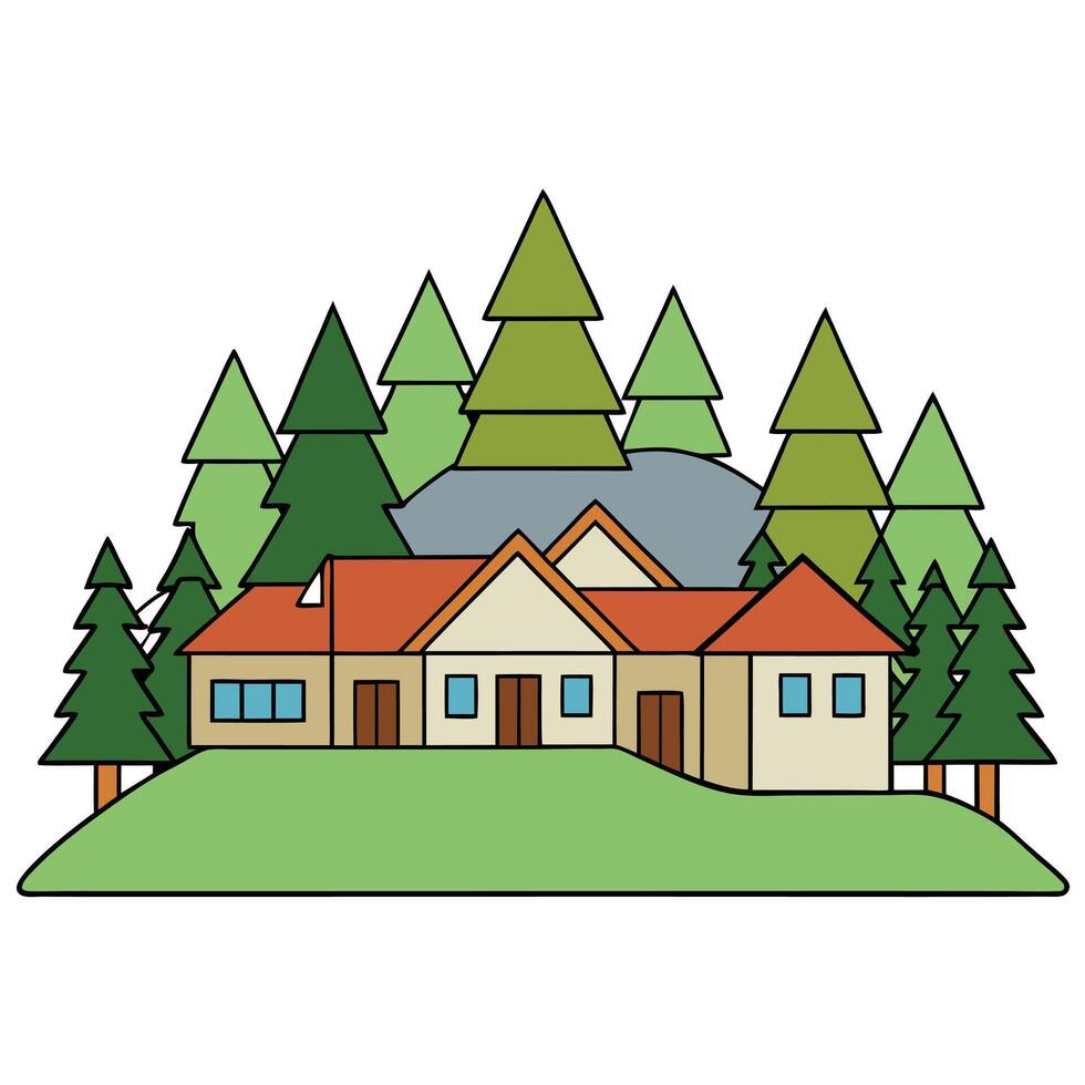 A house with trees and a mountain in the background vector