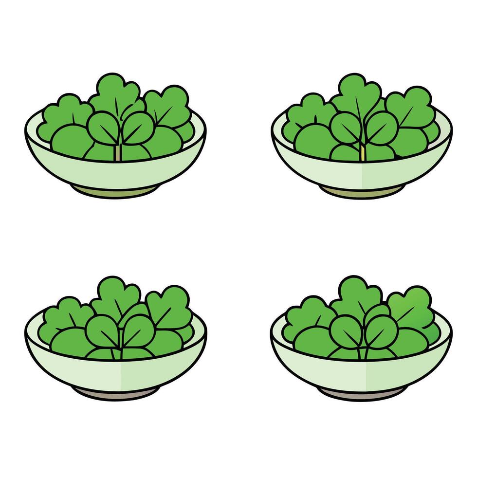 A set of four bowls with green leaves in them vector