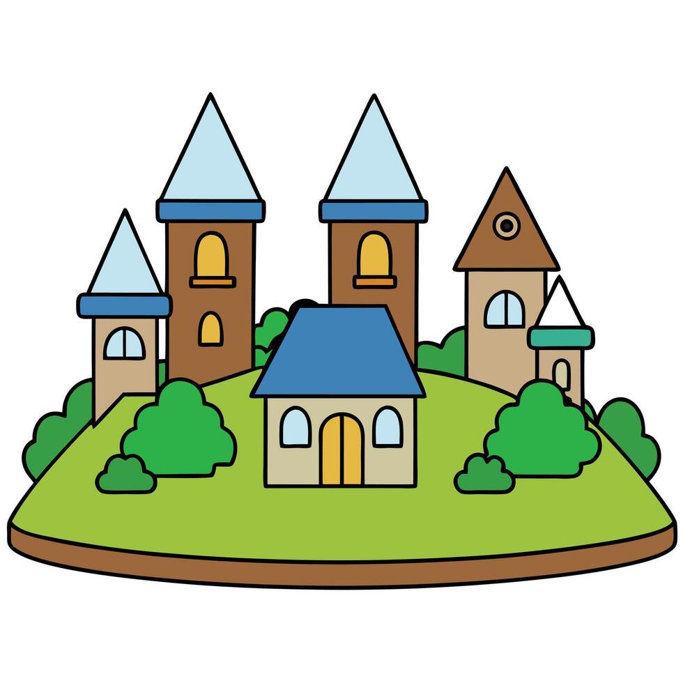 A cartoon castle on a hill with trees and houses vector