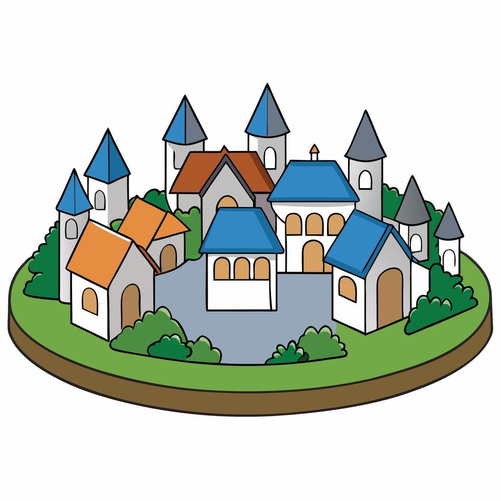 A cartoon illustration of a small town with houses vector