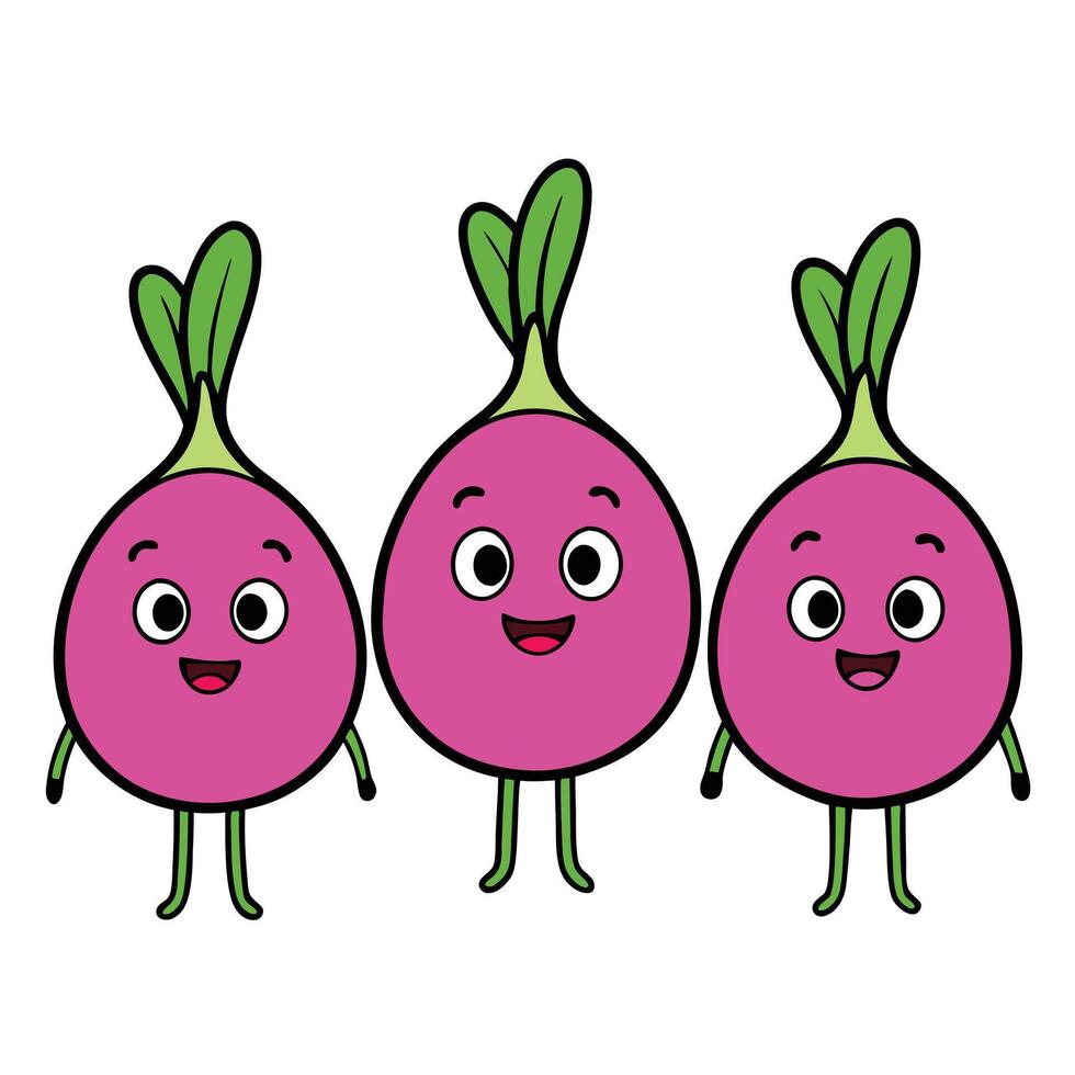 Three cartoon radishes with eyes and green leaves vector
